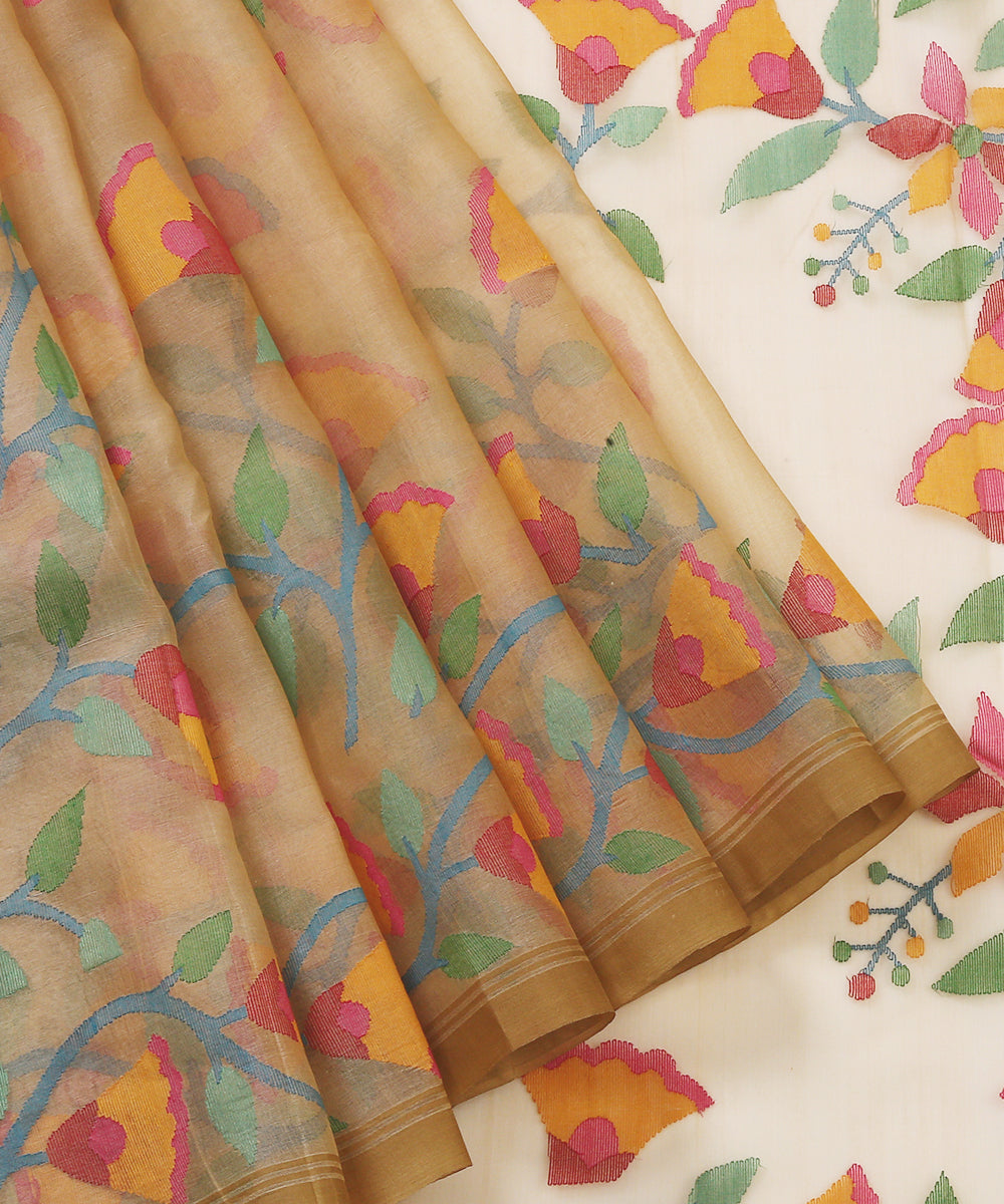 Handloom_Light_Brown_Muslin_Jamdani_Saree_With_Floral_Pattern_Woven_All_Over_WeaverStory_02
