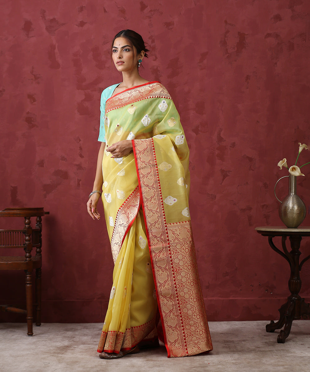 Handloom_Yellow_And_Red_Pure_Organza_Banarasi_Saree_WeaverStory_02