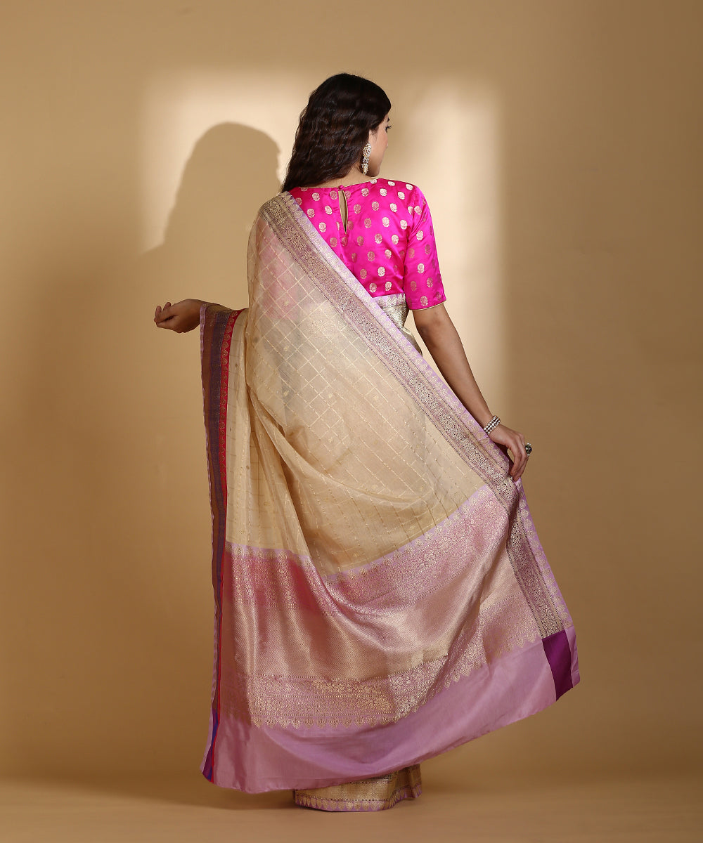 Handloom_Golden_Beige_Silk_Tissue_Banarasi_Saree_With_Checks_And_Satin_Border_WeaverStory_03
