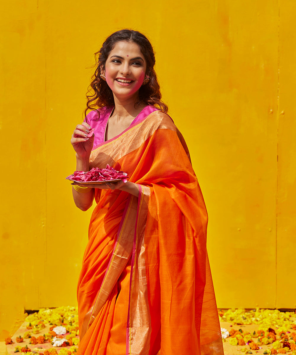 Orange_Handloom_Pure_Cotton_Chanderi_Saree_With_Zari_Border_WeaverStory_01