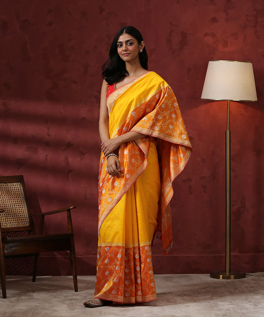 Yellow_Handloom_Pure_Katan_Silk_Saree_With_Floral_Jangla_Border_WeaverStory_02
