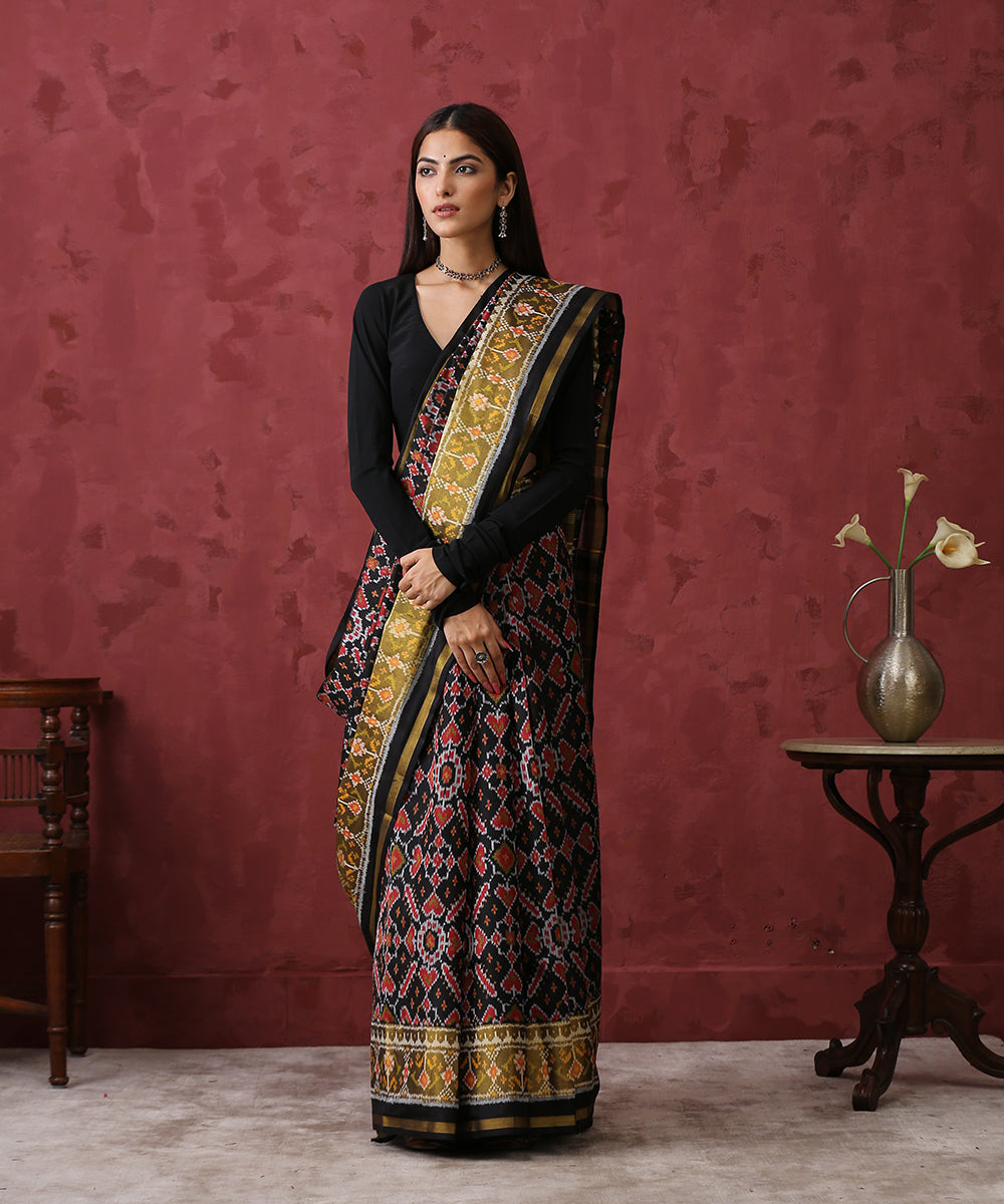 Black_Handloom_Mulberry_Silk_Patola_Saree_With_Gold_Tissue_Border_WeaverStory_02