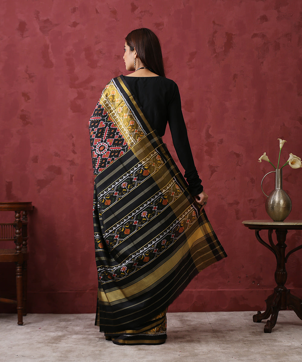 Black_Handloom_Mulberry_Silk_Patola_Saree_With_Gold_Tissue_Border_WeaverStory_03