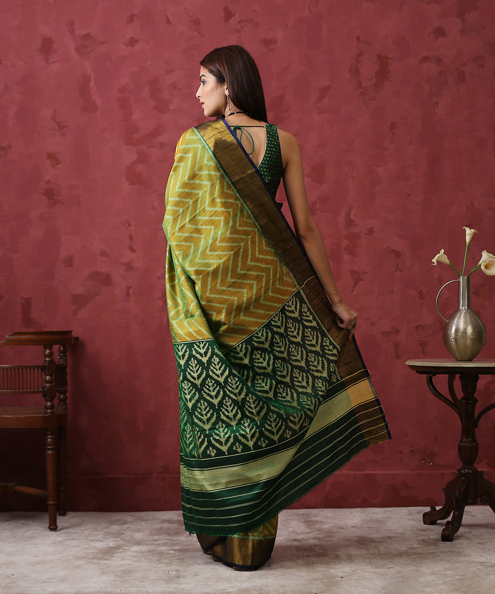 Handloom_Mustard_and_Green_Raw_Silk_Patola_Saree_With_Gold_Border_And_Green_Pallu_WeaverStory_03
