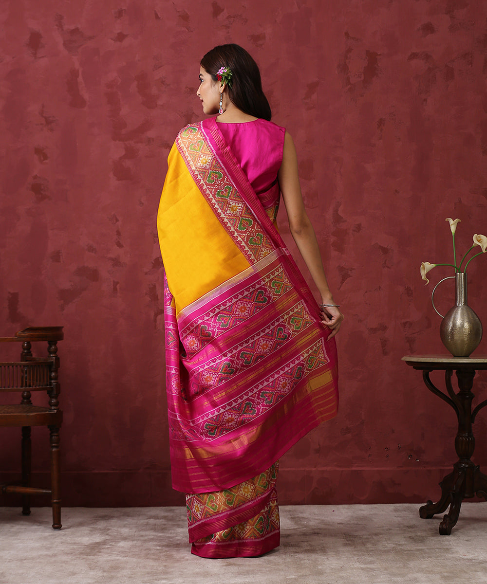 Mustard_Handloom_Mulberry_Silk_Patola_Saree_With_Pink_Border_WeaverStory_03