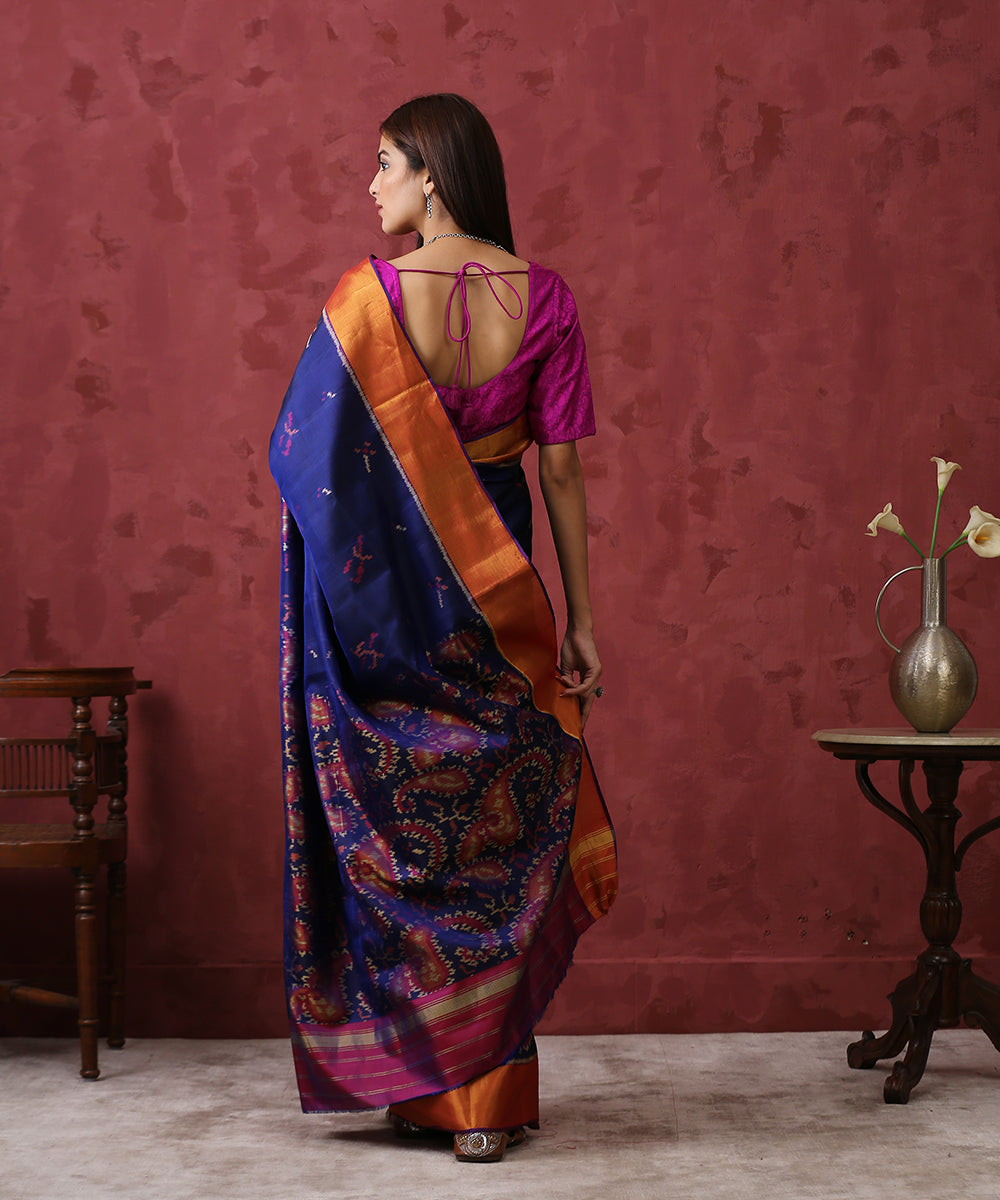 Handloom_Blue_Mulberry_Silk_Patola_Saree_With_Golden_Border_WeaverStory_03