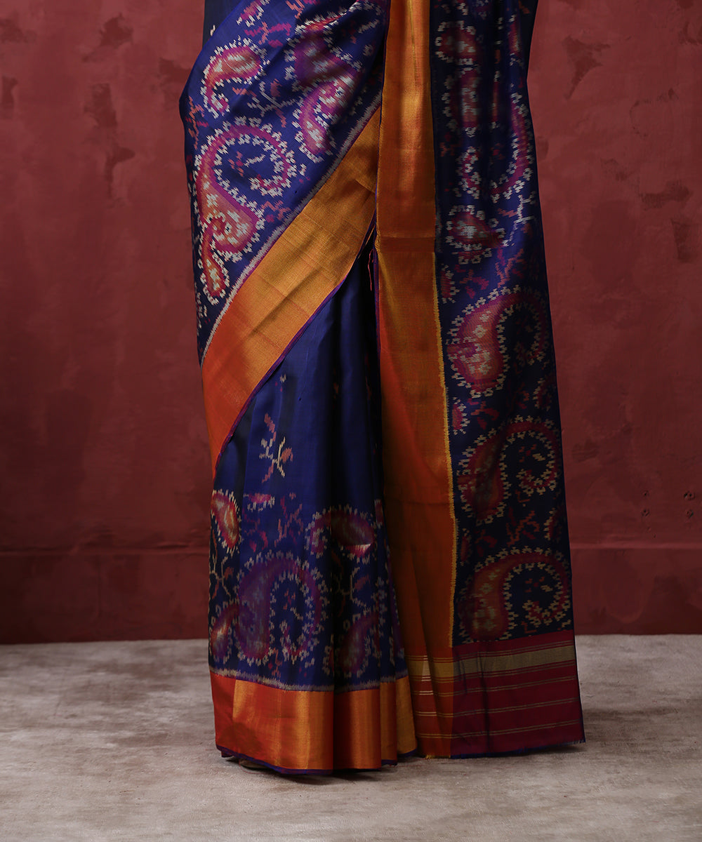 Handloom_Blue_Mulberry_Silk_Patola_Saree_With_Golden_Border_WeaverStory_04
