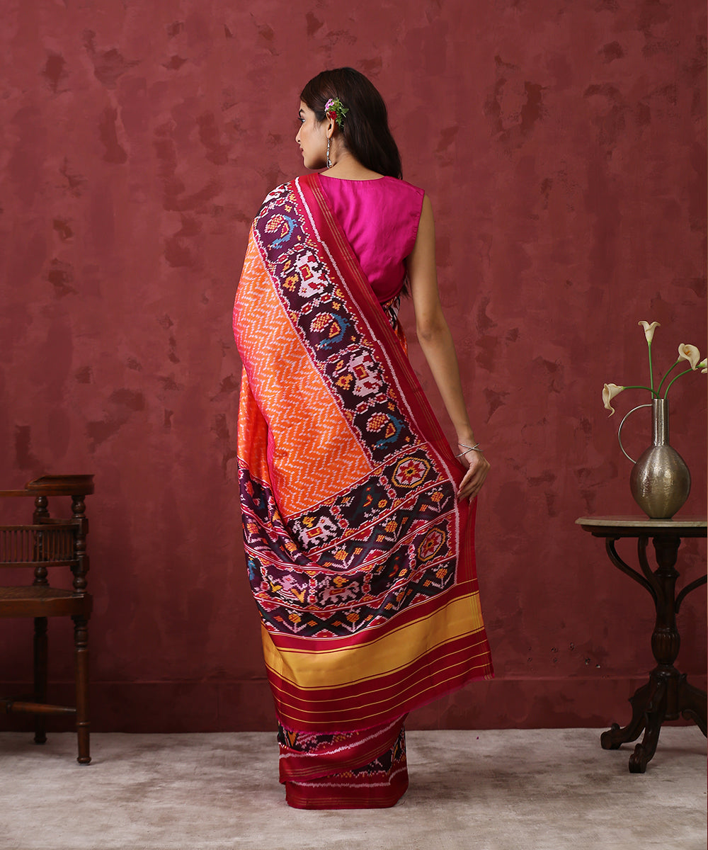 Handloom_Peach_Chevron_Mulberry_Silk_Patola_Saree_With_Pink_Border_WeaverStory_03