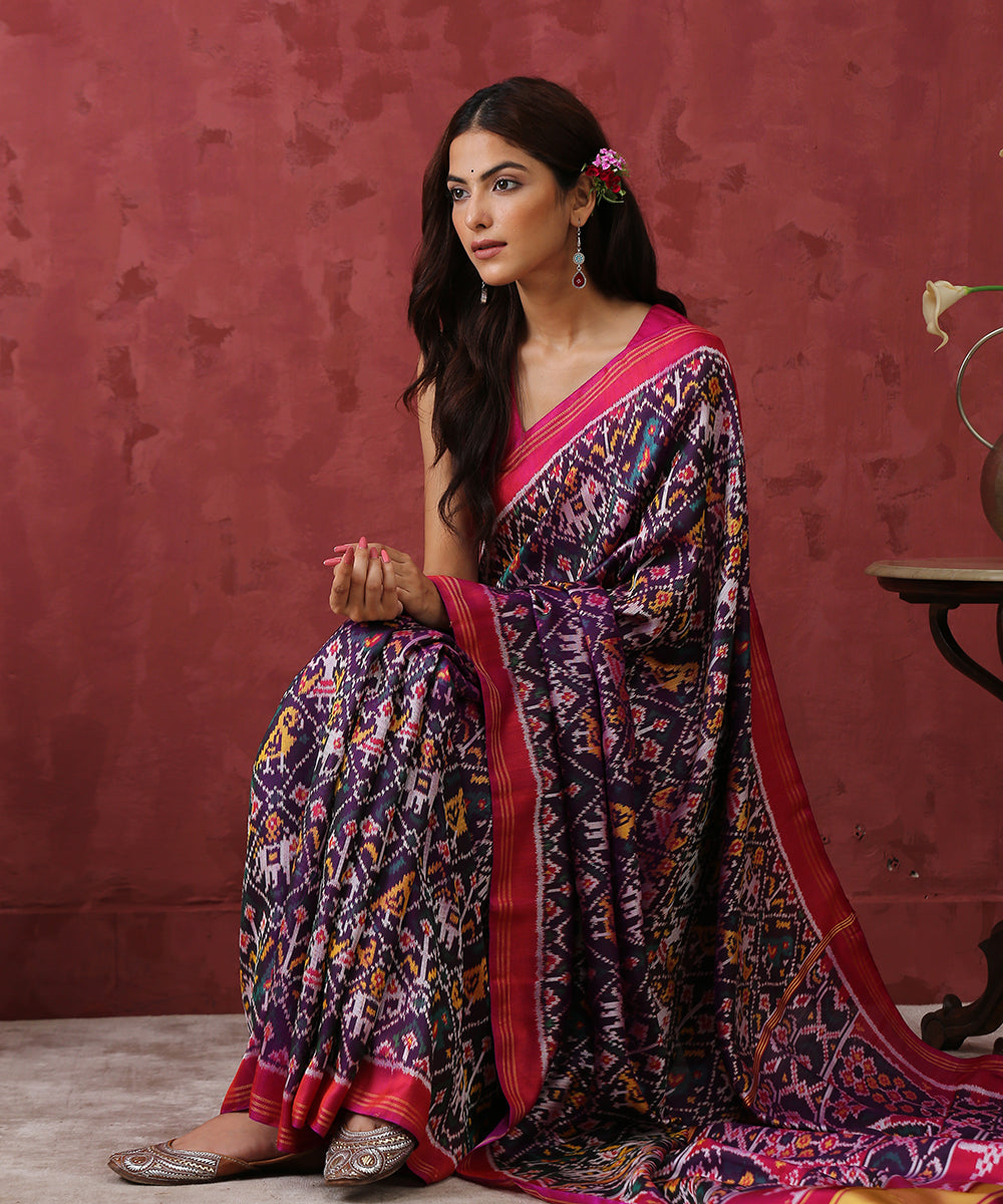 Violet_Handloom_Mulberry_Silk_Patola_Saree_With_Animals_Motif_WeaverStory_01
