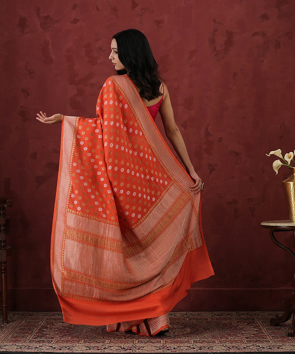 Handloom_Orange_Georgette_Banarasi_Saree_With_Gold_and_Silver_Booti_WeaverStory_03