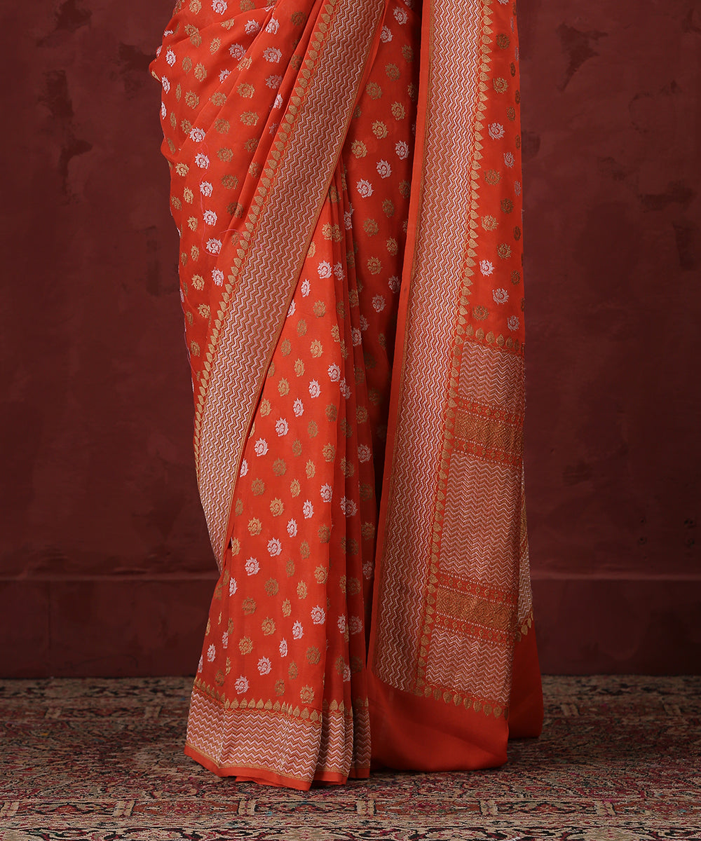 Handloom_Orange_Georgette_Banarasi_Saree_With_Gold_and_Silver_Booti_WeaverStory_04