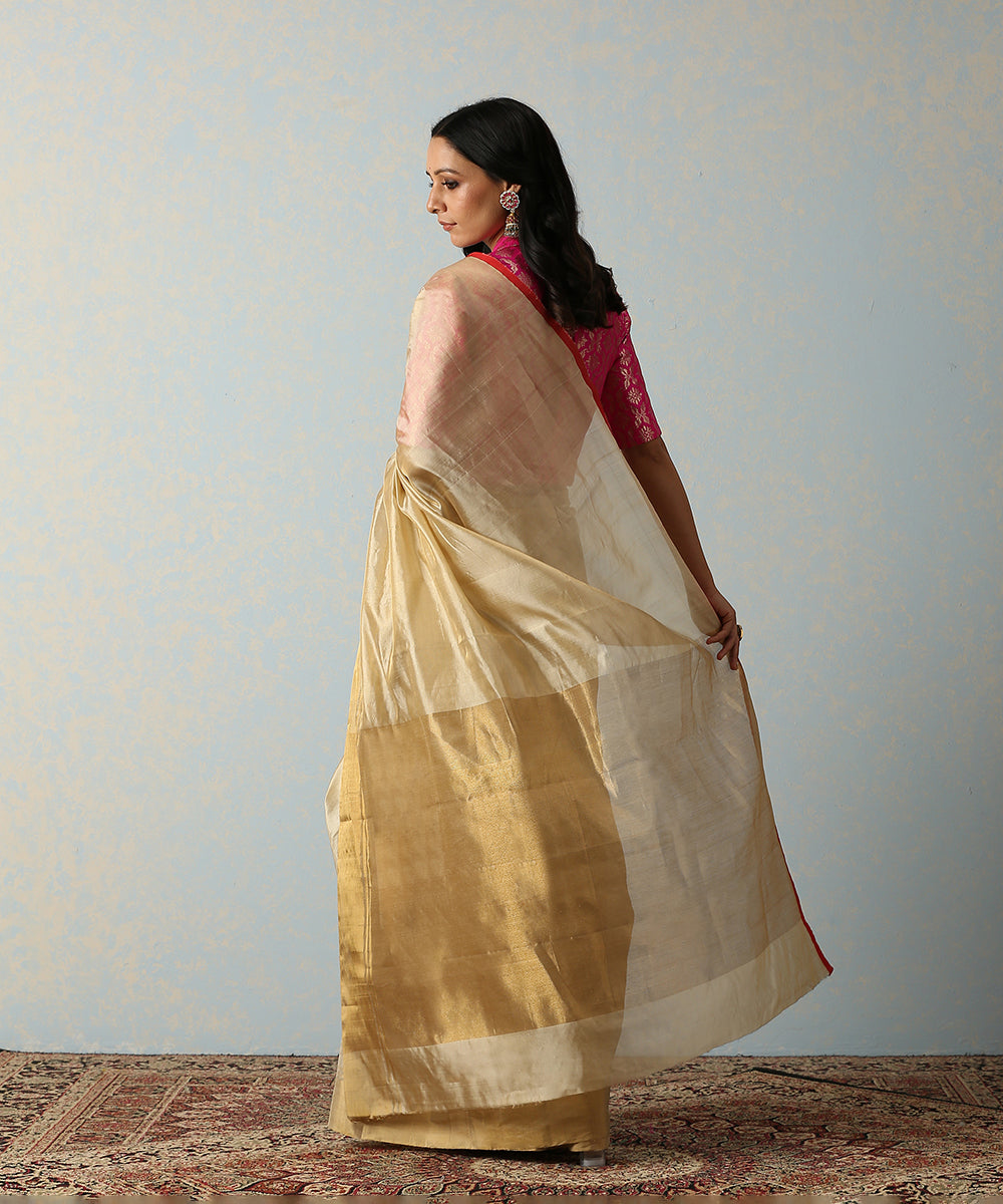 Handloom_Beige_Tissue_Chanderi_Saree_With_Golden_Border_And_Red_selvedge_WeaverStory_03