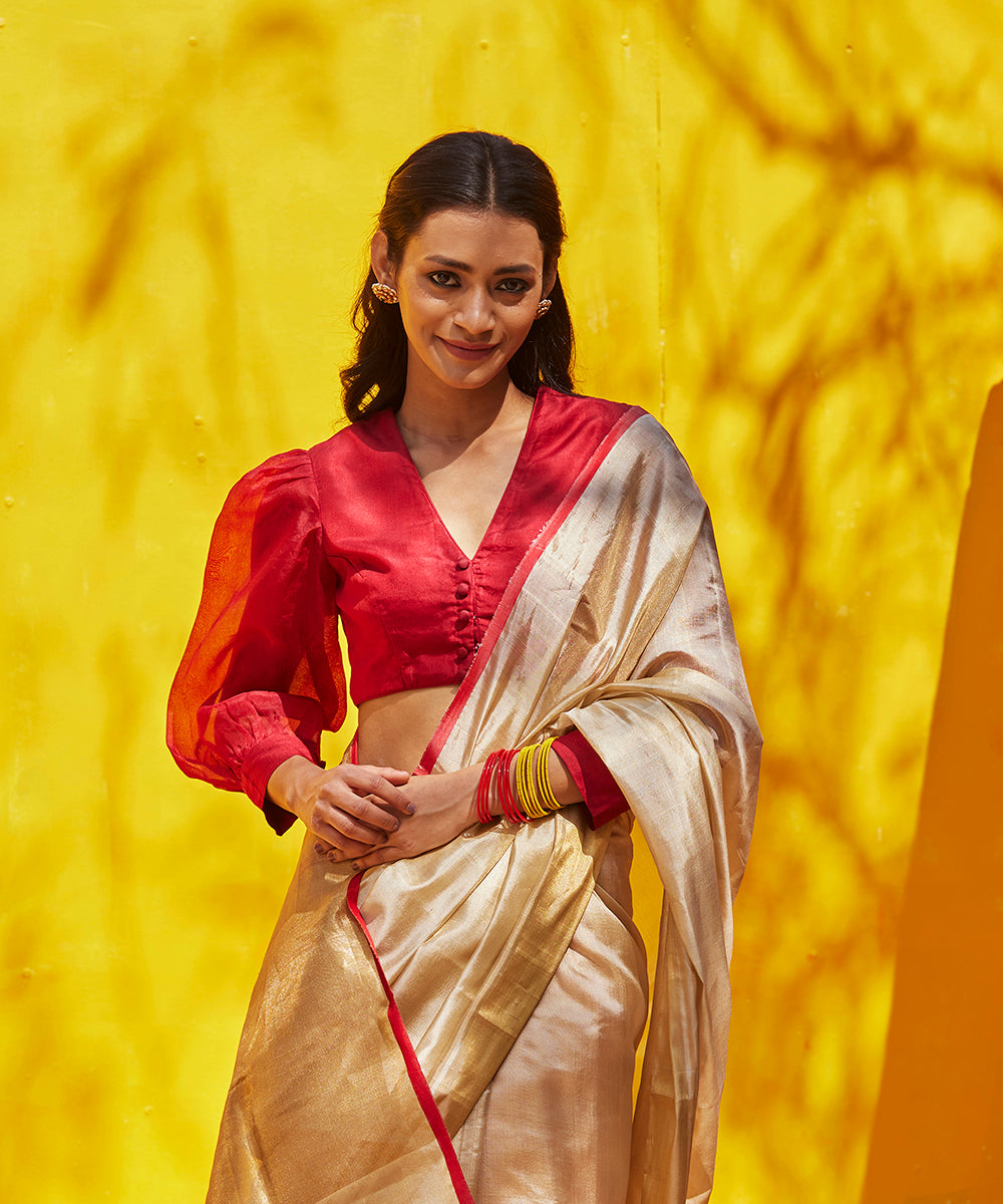 Handloom_Beige_Tissue_Chanderi_Saree_With_Golden_Border_And_Red_Selvedge_WeaverStory_01
