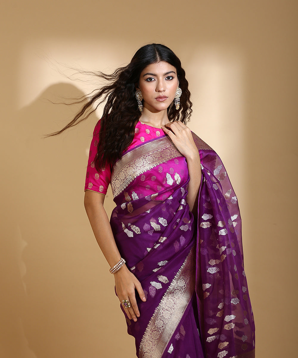 Handloom_Purple_Kora_Silk_Banarasi_Saree_With_Gold_And_Silver_Kadhwa_Booti_WeaverStory_01