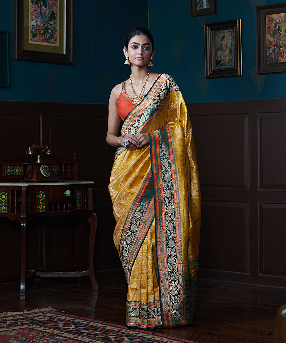 Handloom_Mustard_Pure_Katan_Silk_Multi_Border_Banarasi_Saree_With_Zari_Tanchoi_Weave_WeaverStory_02
