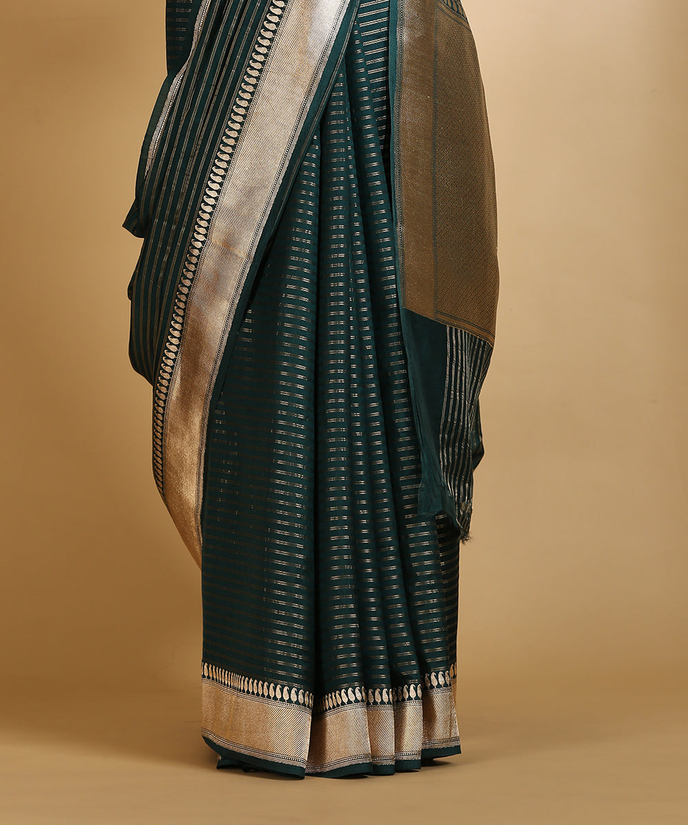 Handloom_Green_Kora_Silk_Banarasi_Saree_With_Stripes_And_Konia_Pallu_WeaverStory_04