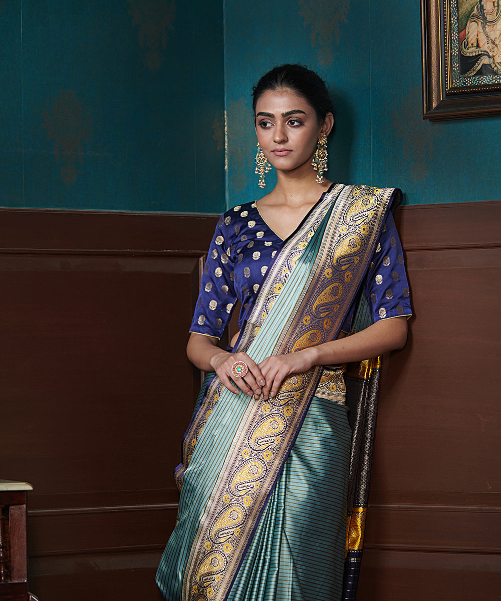 Blue_Handloom_Satin_Silk_Striped_Banarasi_Saree_With_Jamawar_Weave_WeaverStory_01