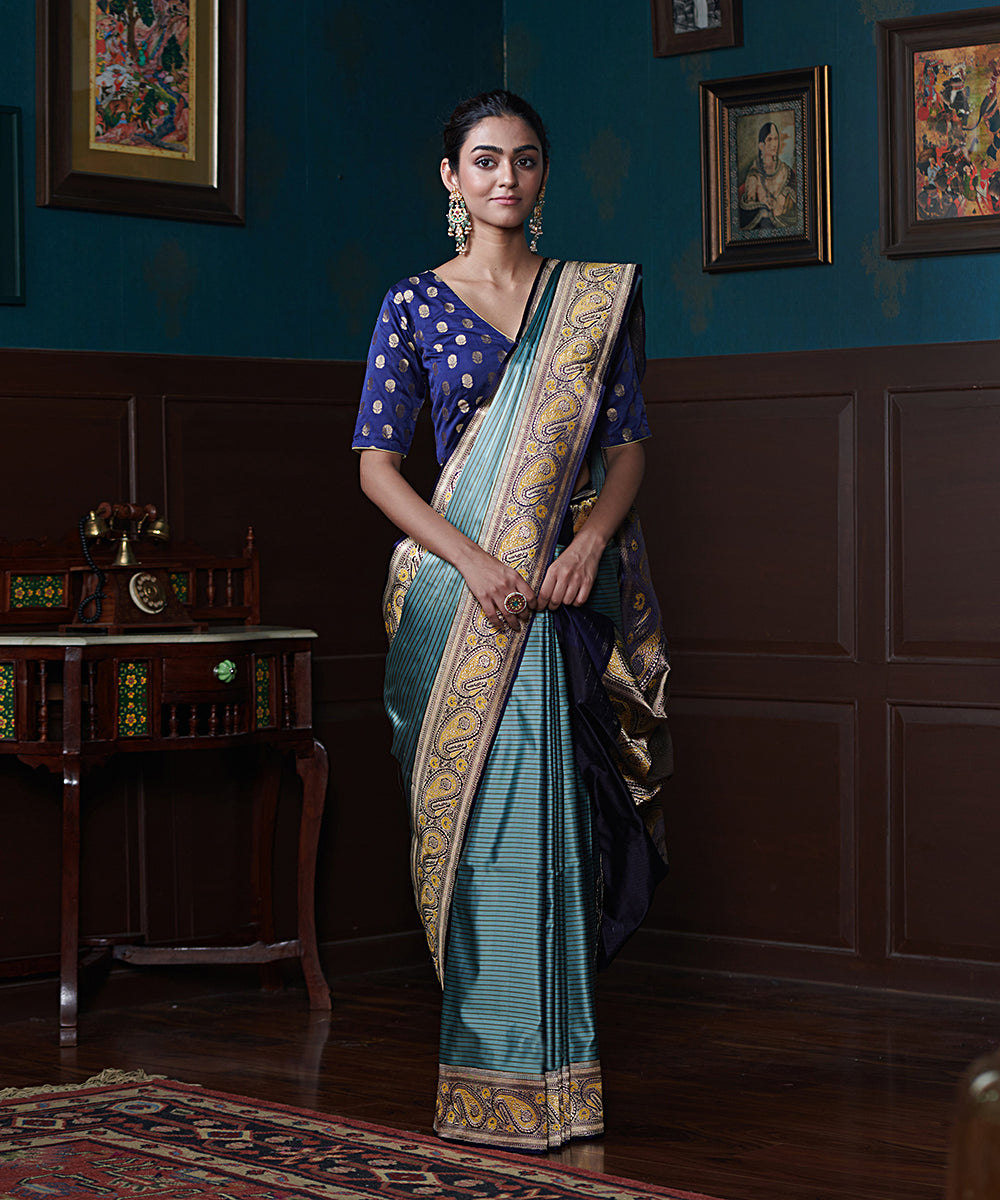 Blue_Handloom_Satin_Silk_Striped_Banarasi_Saree_With_Jamawar_Weave_WeaverStory_02