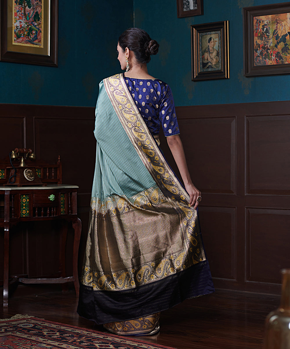 Blue_Handloom_Satin_Silk_Striped_Banarasi_Saree_With_Jamawar_Weave_WeaverStory_03