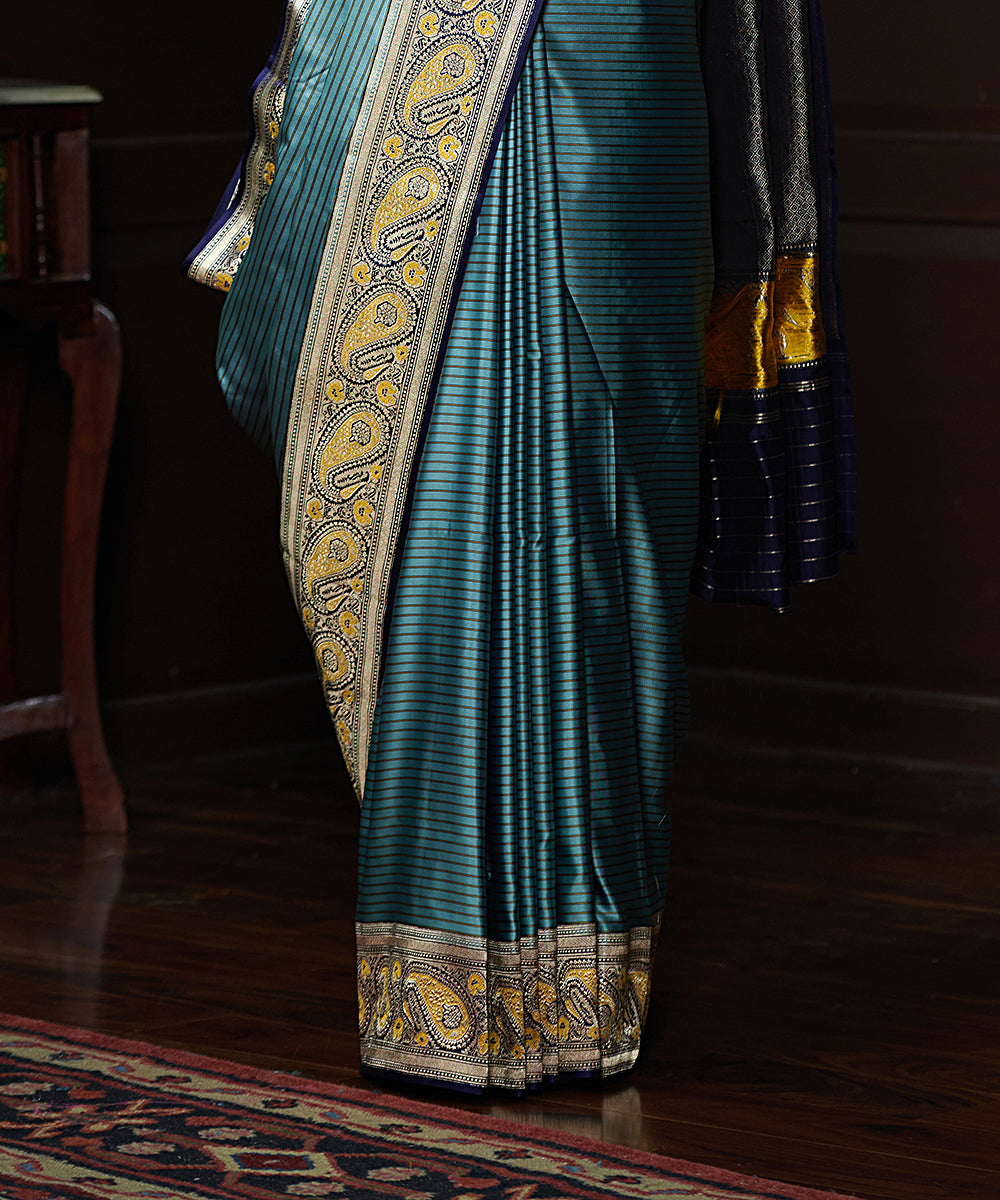 Blue_Handloom_Satin_Silk_Striped_Banarasi_Saree_With_Jamawar_Weave_WeaverStory_04