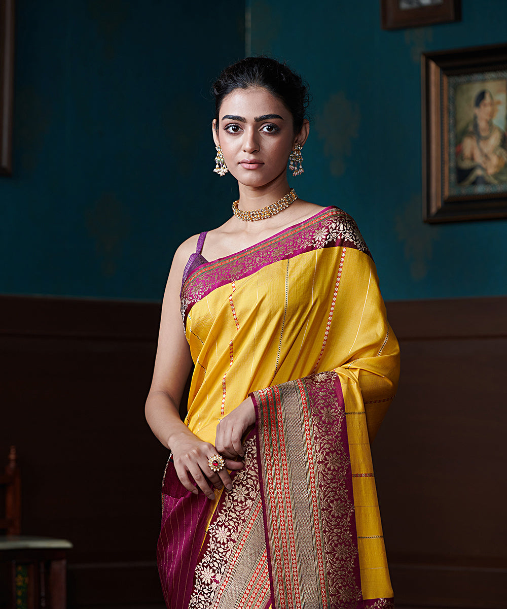 Yellow_Handloom_Pure_Katan_Silk_Striped_Banarasi_Saree_With_Wine_Border_WeaverStory_01