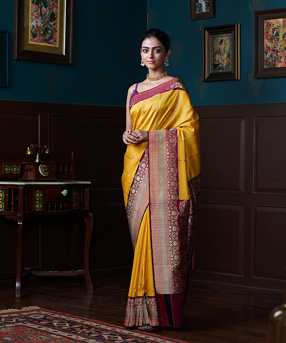 Yellow_Handloom_Pure_Katan_Silk_Striped_Banarasi_Saree_With_Wine_Border_WeaverStory_02