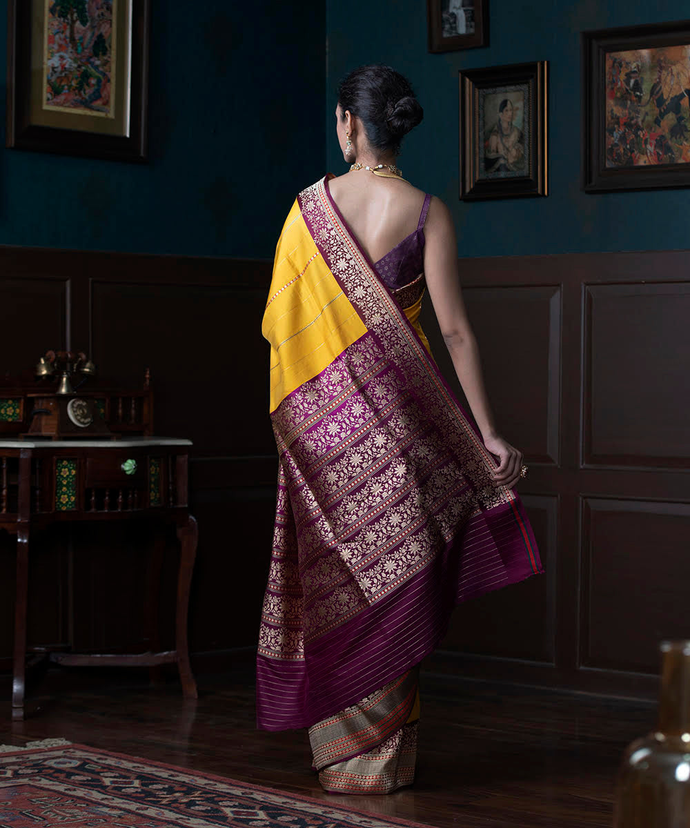 Yellow_Handloom_Pure_Katan_Silk_Striped_Banarasi_Saree_With_Wine_Border_WeaverStory_03