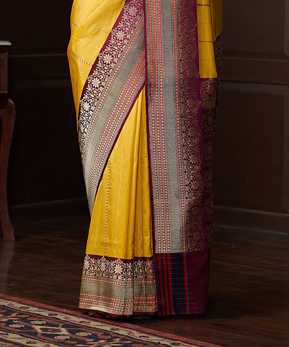Yellow_Handloom_Pure_Katan_Silk_Striped_Banarasi_Saree_With_Wine_Border_WeaverStory_04