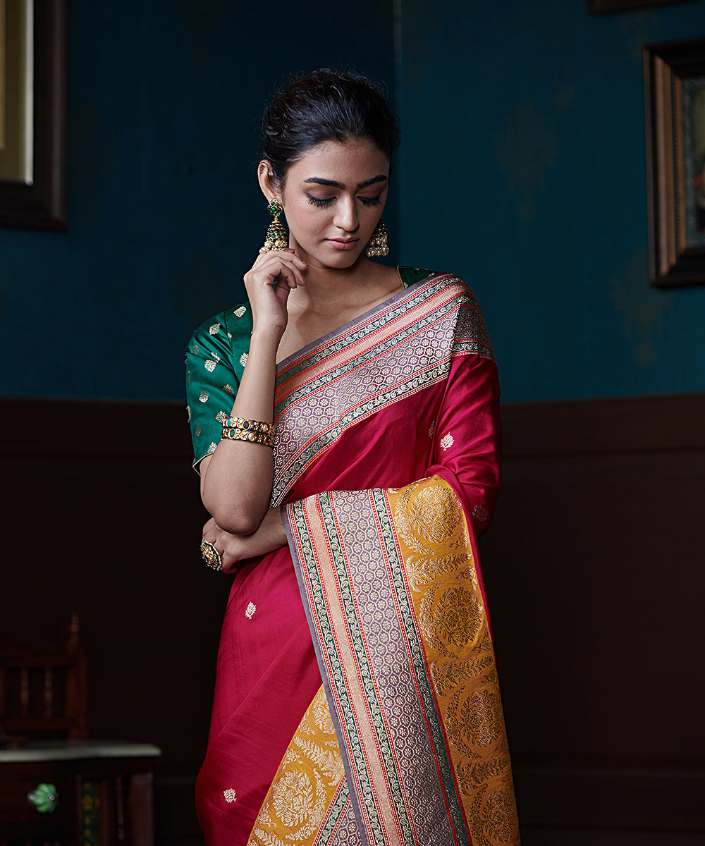 Pink_Handloom_Pure_Katan_Silk_Banarasi_Saree_With_Mustard_Border_WeaverStory_01