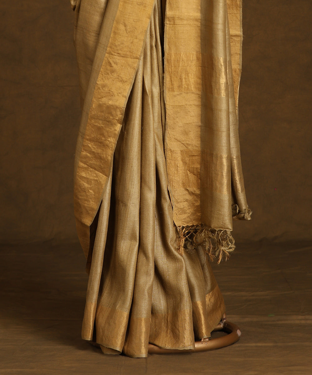 Dark_Beige_Handloom_Pure_Kosa_Silk_Saree_With_Gold_Border_WeaverStory_03