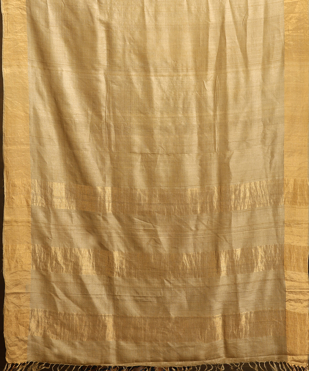 Dark_Beige_Handloom_Pure_Kosa_Silk_Saree_With_Gold_Border_WeaverStory_05