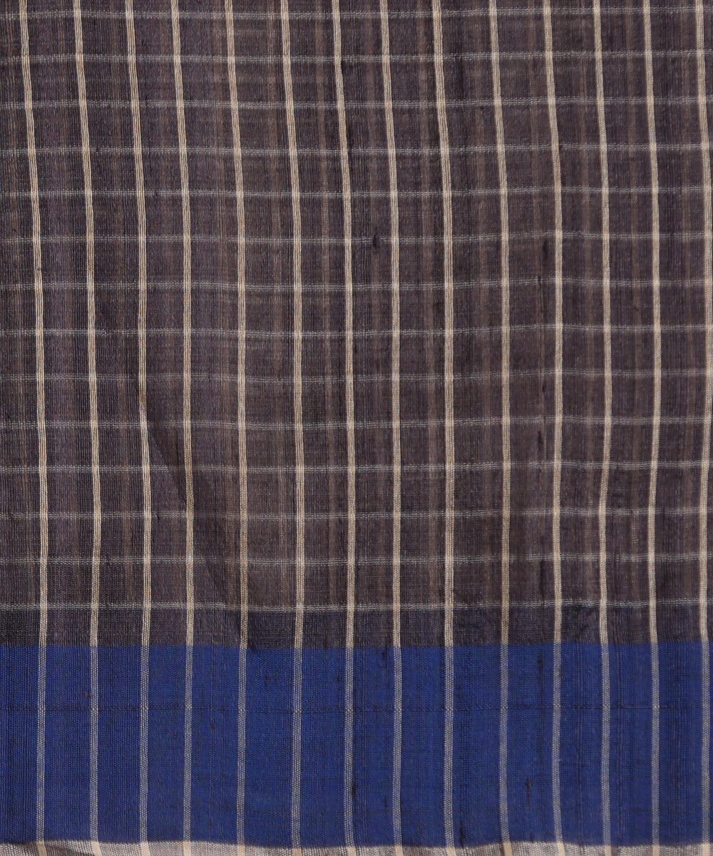 Grey_Handloom_Pure_Kosa_Silk_Checkered_Saree_With_Blue_Border_WeaverStory_06