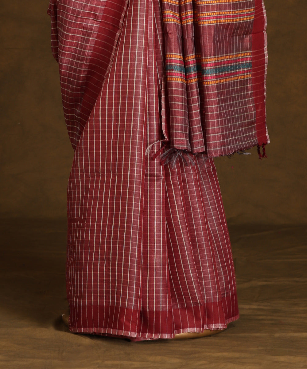 Onion_Pink_Handloom_Pure_Kosa_Silk_Checkered_Saree_With_Brown_Border_WeaverStory_03