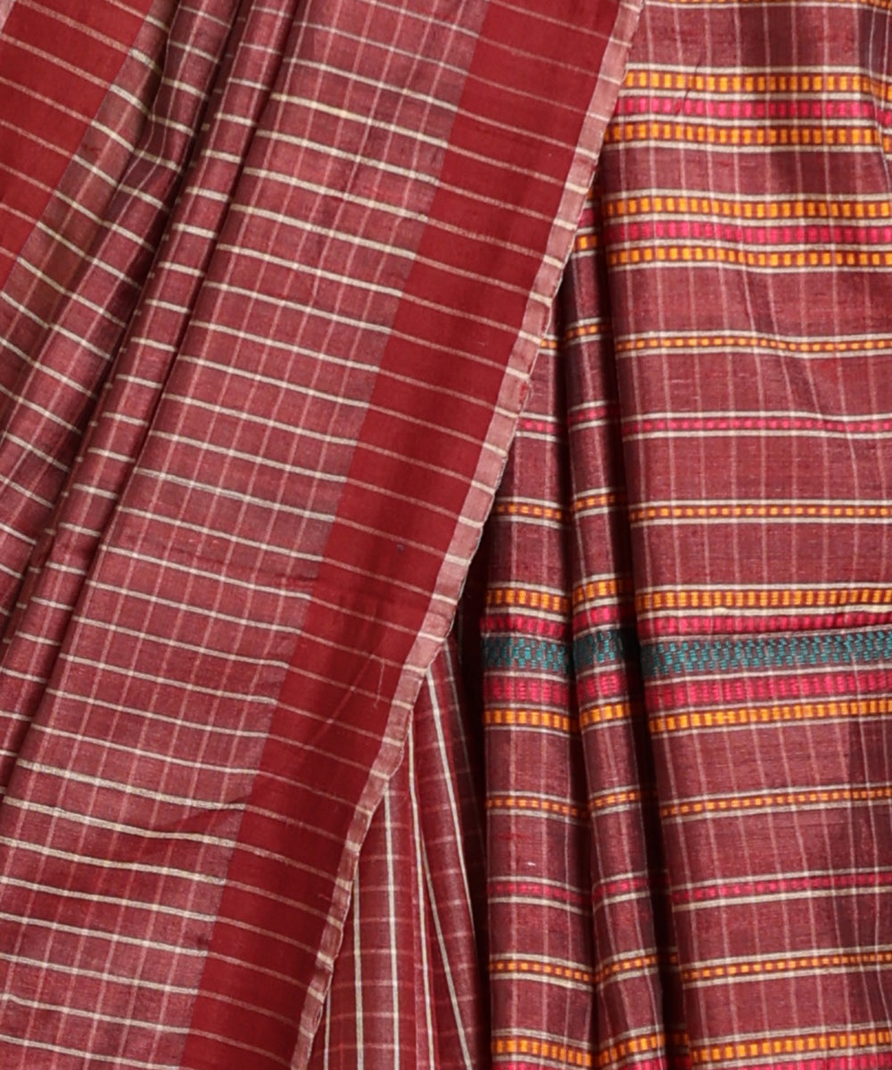 Onion_Pink_Handloom_Pure_Kosa_Silk_Checkered_Saree_With_Brown_Border_WeaverStory_04