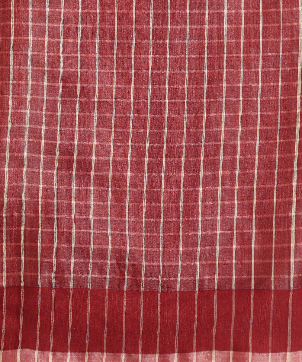 Onion_Pink_Handloom_Pure_Kosa_Silk_Checkered_Saree_With_Brown_Border_WeaverStory_06