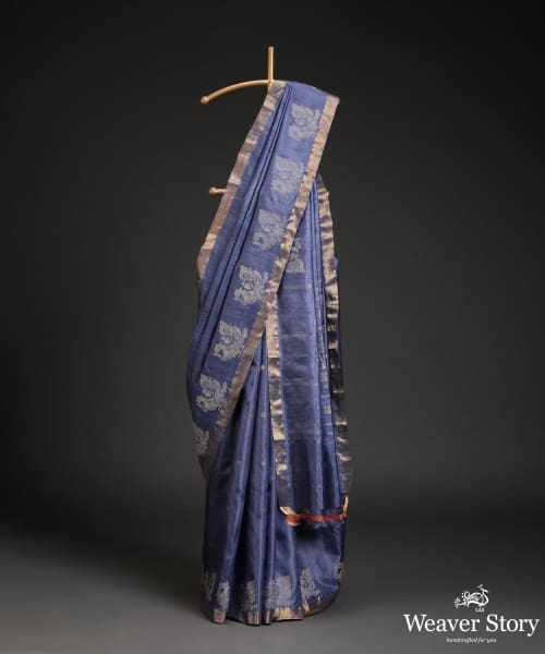 Blue_Handloom_Kosa_Silk_Saree_With_Peacock_Motif_In_Border_WeaverStory_01