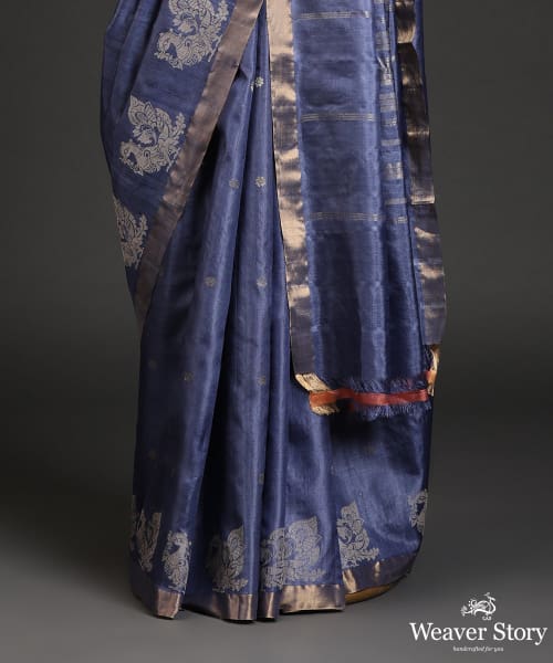 Blue_Handloom_Kosa_Silk_Saree_With_Peacock_Motif_In_Border_WeaverStory_03