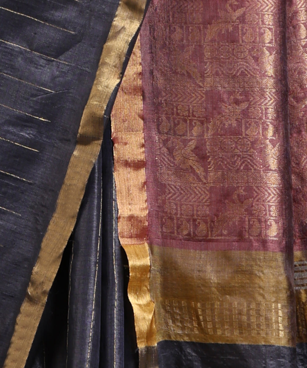 Handloom_Steel_Grey_Kosa_Silk_Saree_With_All_Over_Golden_Striped_WeaverStory_04