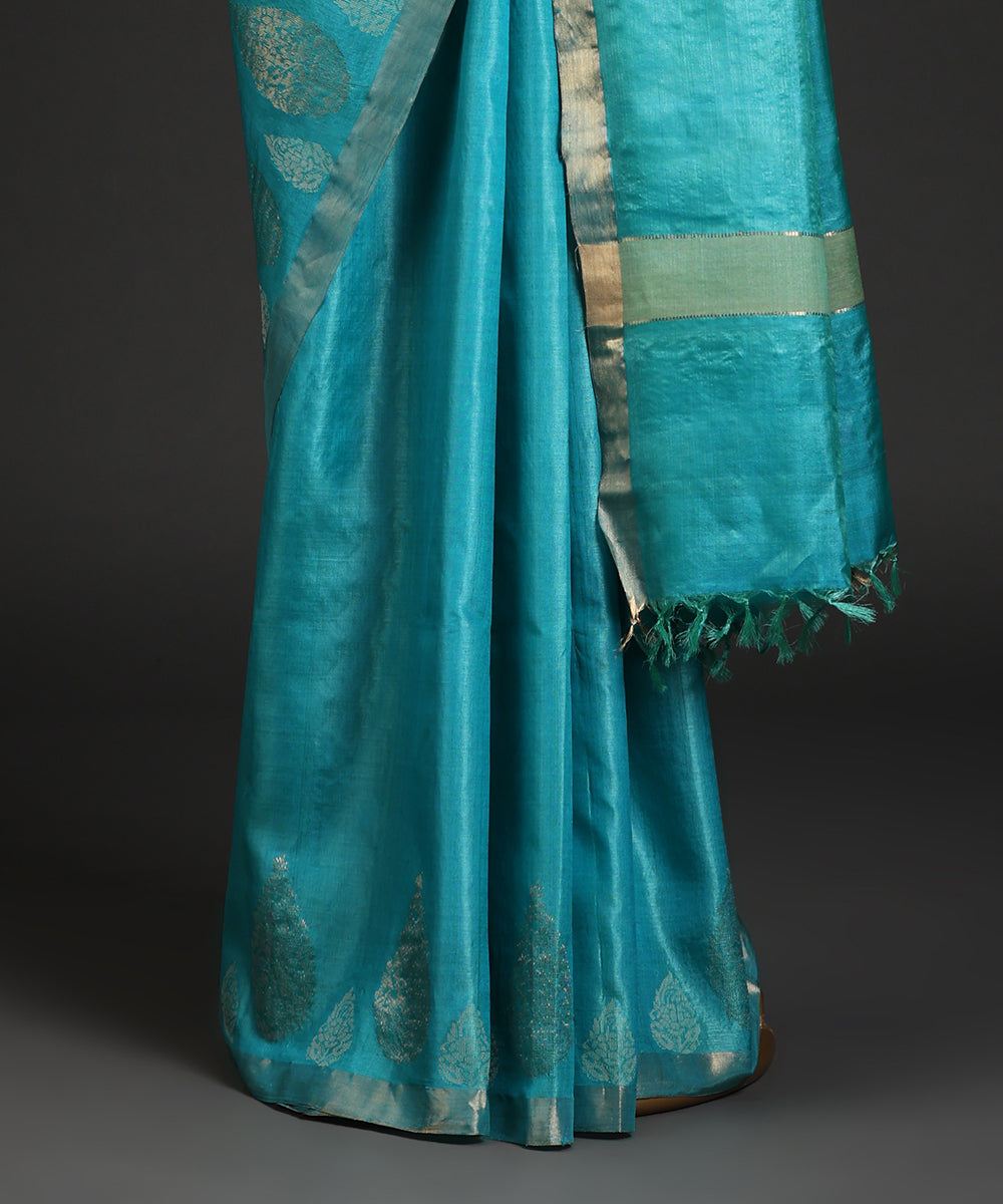Handloom_Sea_Green_Pure_Kosa_Silk_Saree_With_Golden_Zari_Work_In_Border_WeaverStory_03