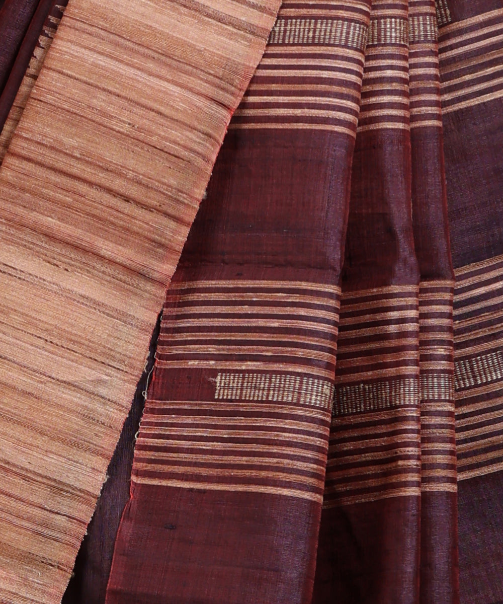 Wine_Handloom_Pure_Kosa_Silk_Saree_With_Stripes_And_Temple_Border_WeaverStory_04