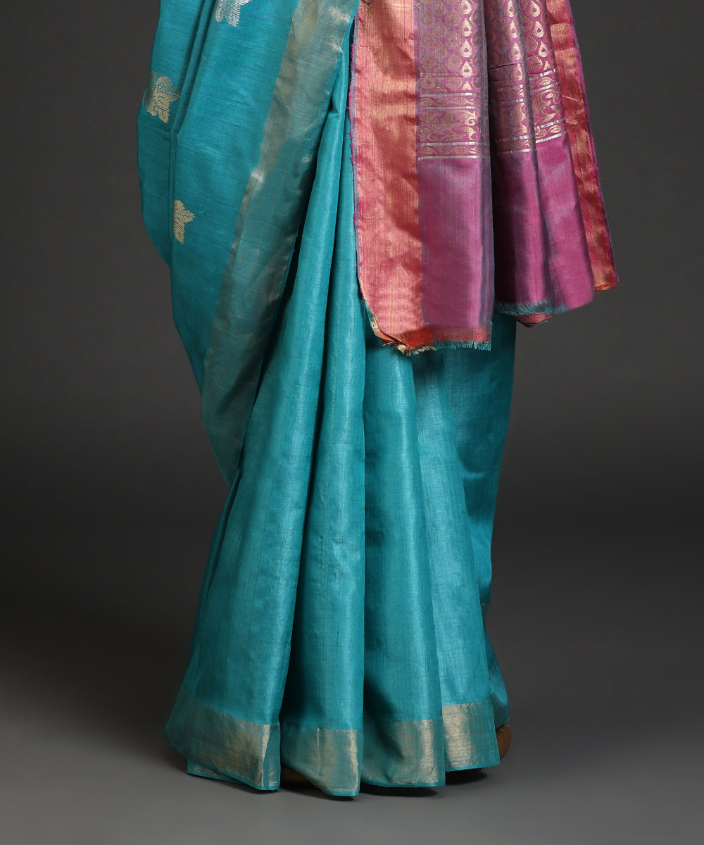 Handloom_Sea_Green_Pure_Kosa_Silk_Saree_With_All_Over_Hibiscus_Booti_WeaverStory_03