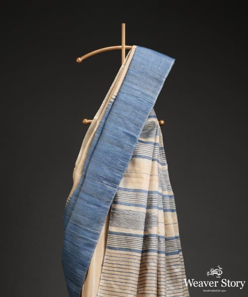 Beige_Handloom_Pure_Kosa_Silk_Saree_With_Stripes_And_Temple_In_Blue_WeaverStory_02