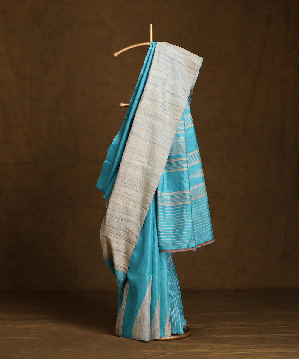 Handloom_Blue_Pure_Kosa_Silk_Saree_With_Grey_Border_WeaverStory_01