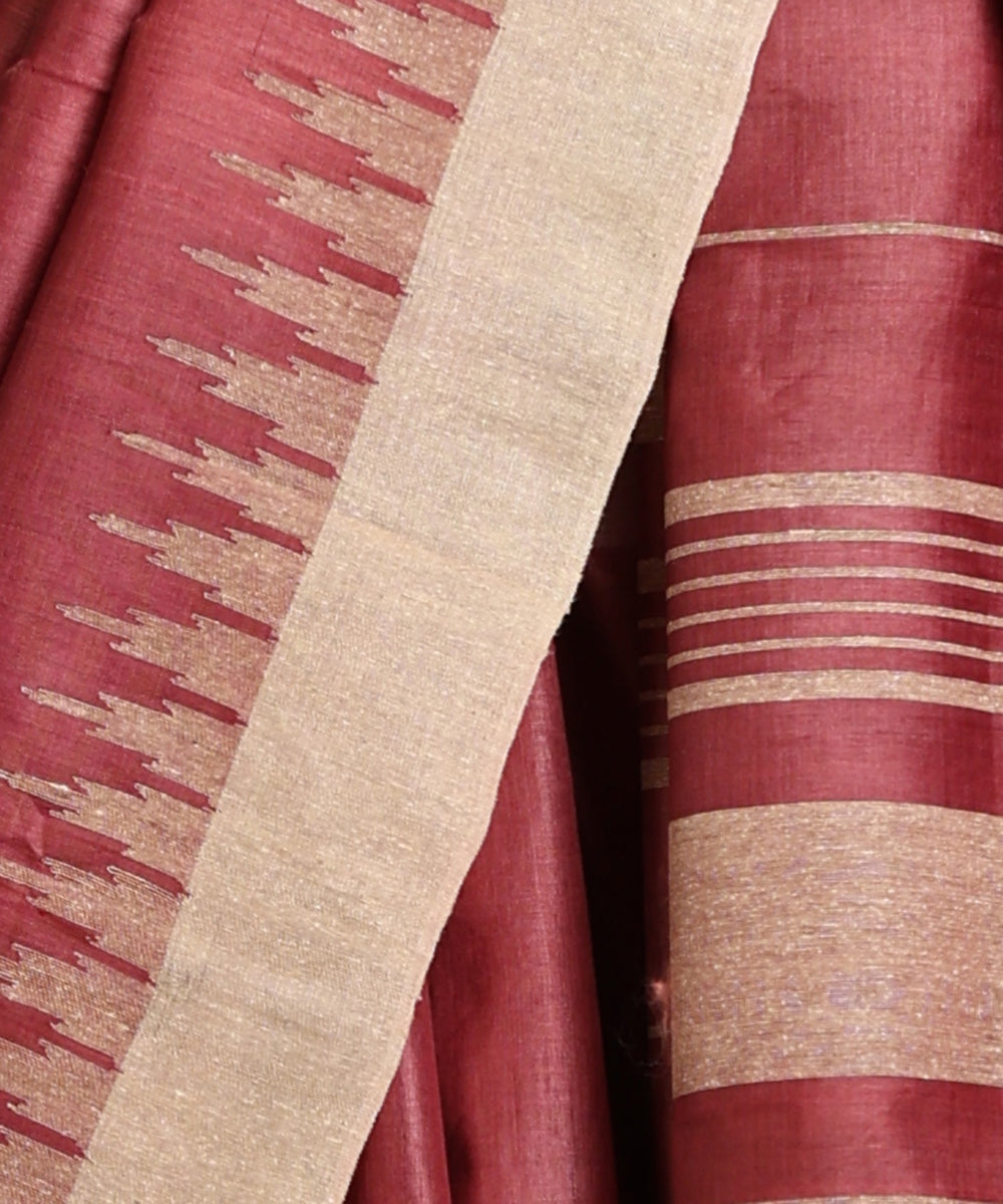 Wine_Handloom_Pure_Kosa_Silk_Saree_With_Temple_Zari_Border_WeaverStory_04