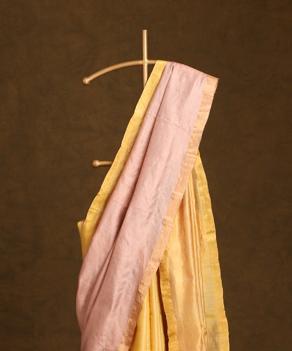 Beige_Handloom_Pure_Kosa_Silk_Saree_With_Golden_Zari_Border_WeaverStory_02