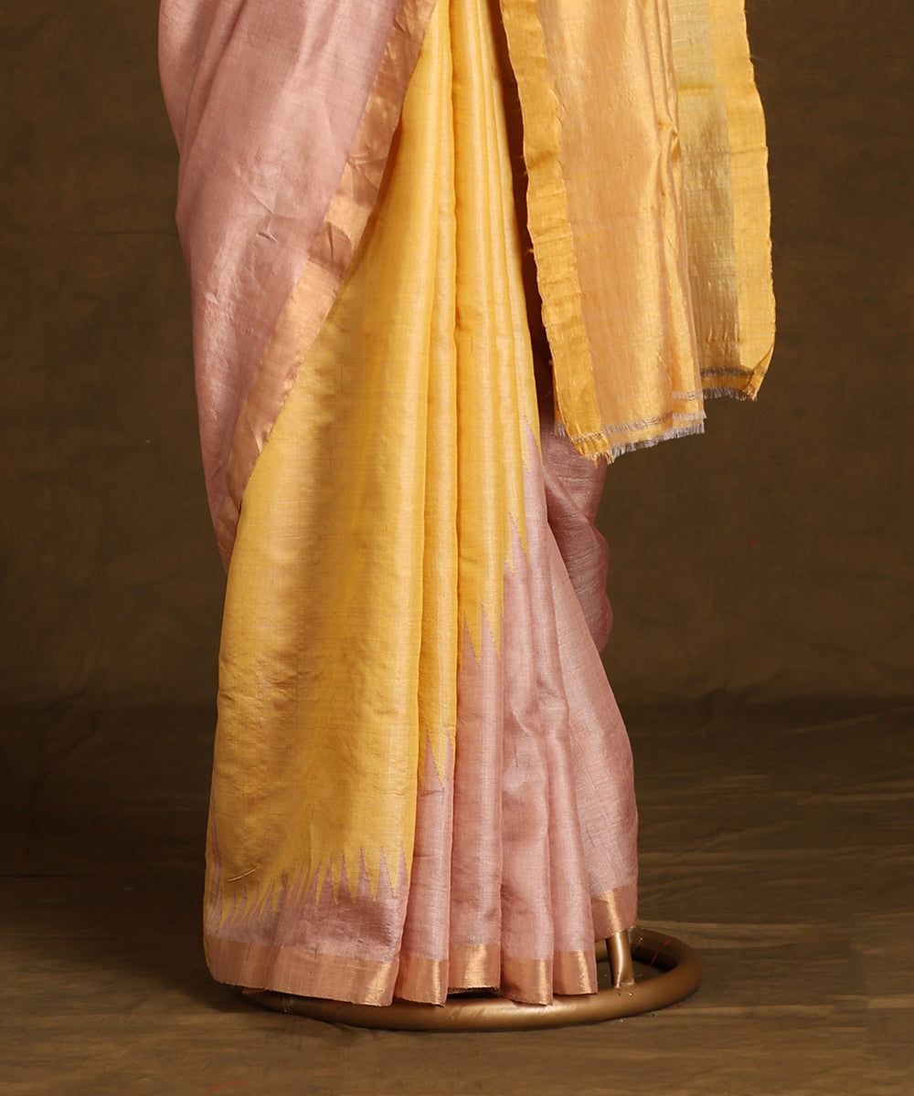 Beige_Handloom_Pure_Kosa_Silk_Saree_With_Golden_Zari_Border_WeaverStory_03