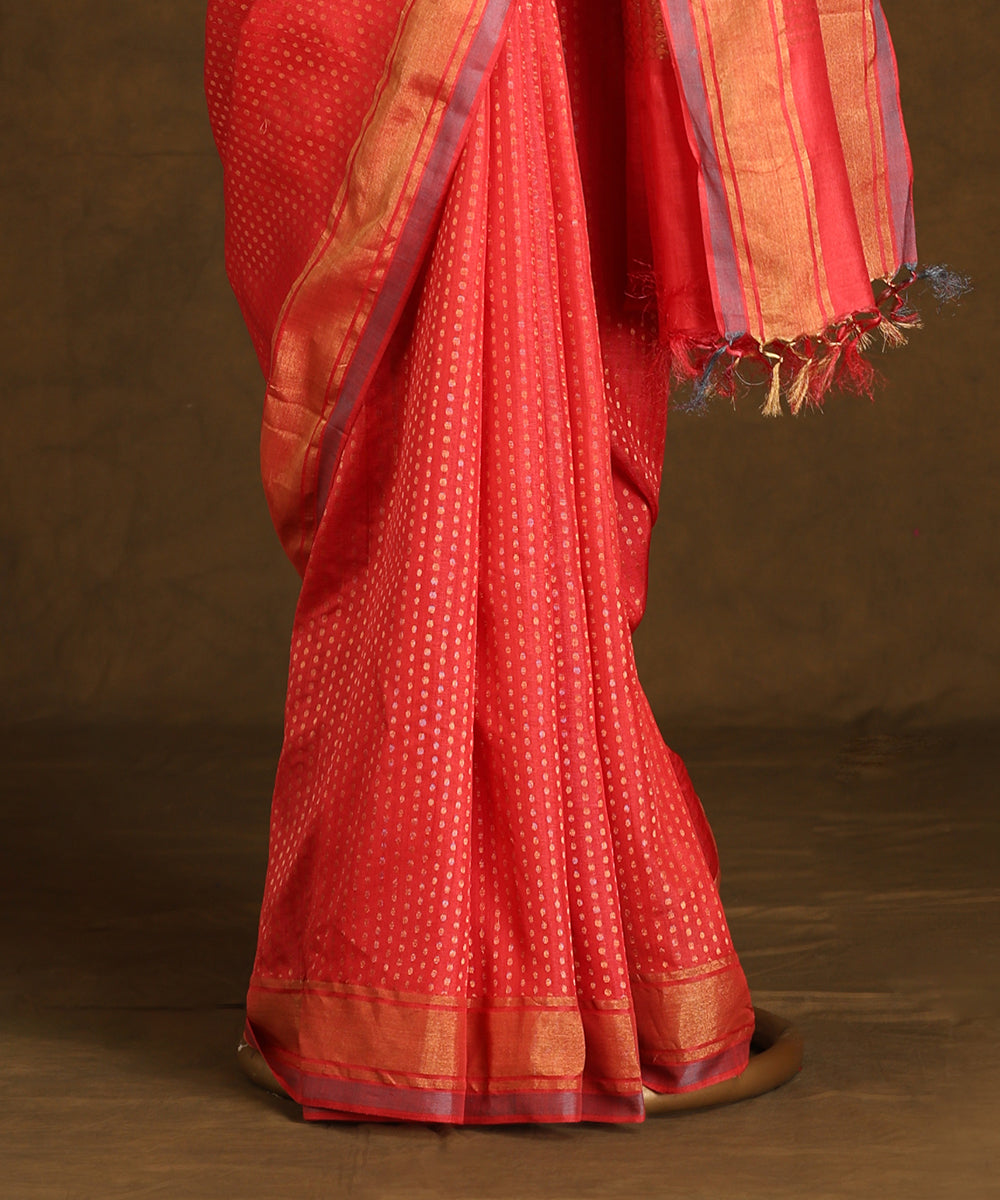 Pink_Handloom_Pure_Kosa_Silk_Saree_With_Small_Booti_And_Zari_Border_WeaverStory_03