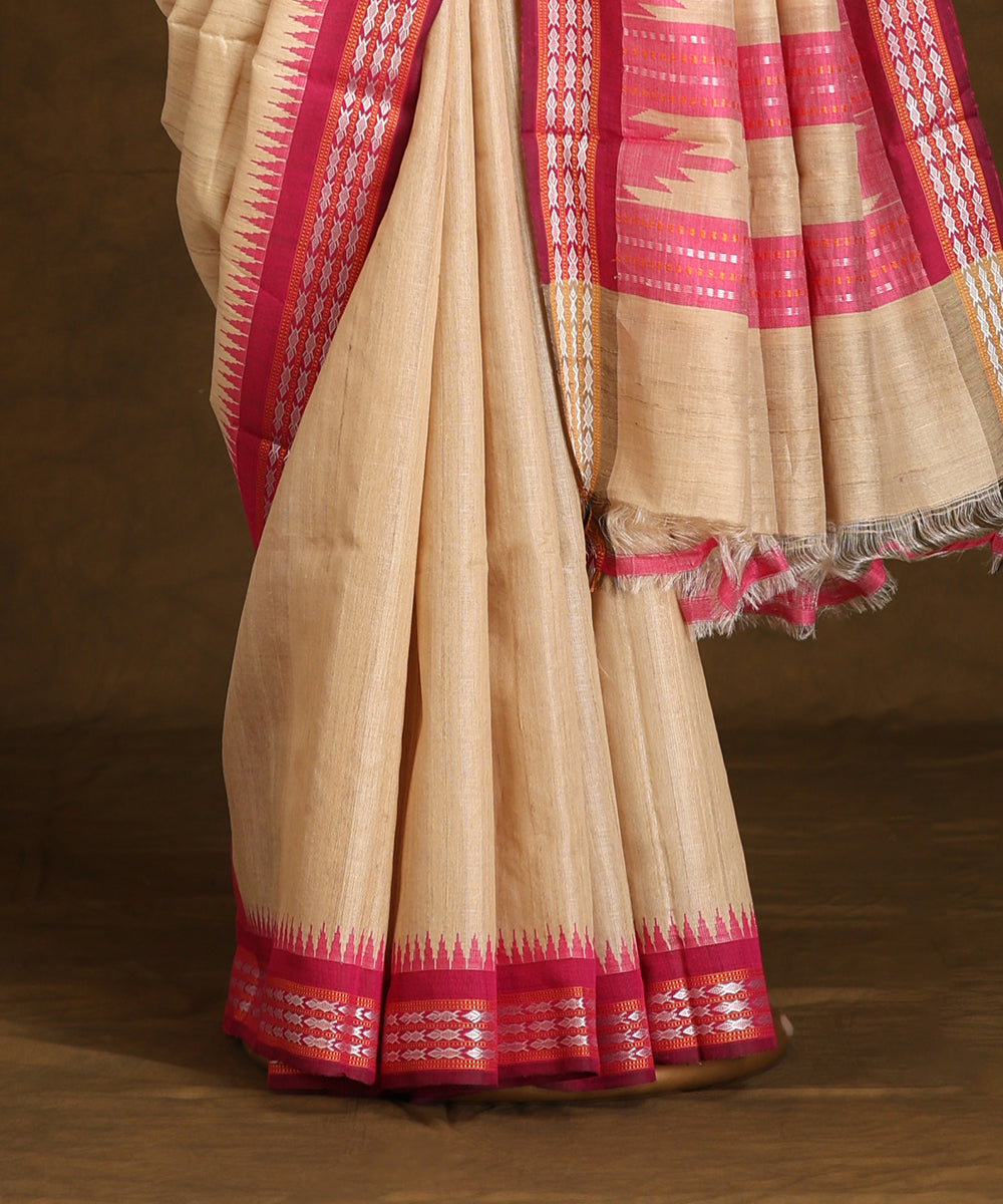 Beige_Handloom_Pure_Kosa_Silk_Saree_With_Pink_Temple_Border_WeaverStory_03