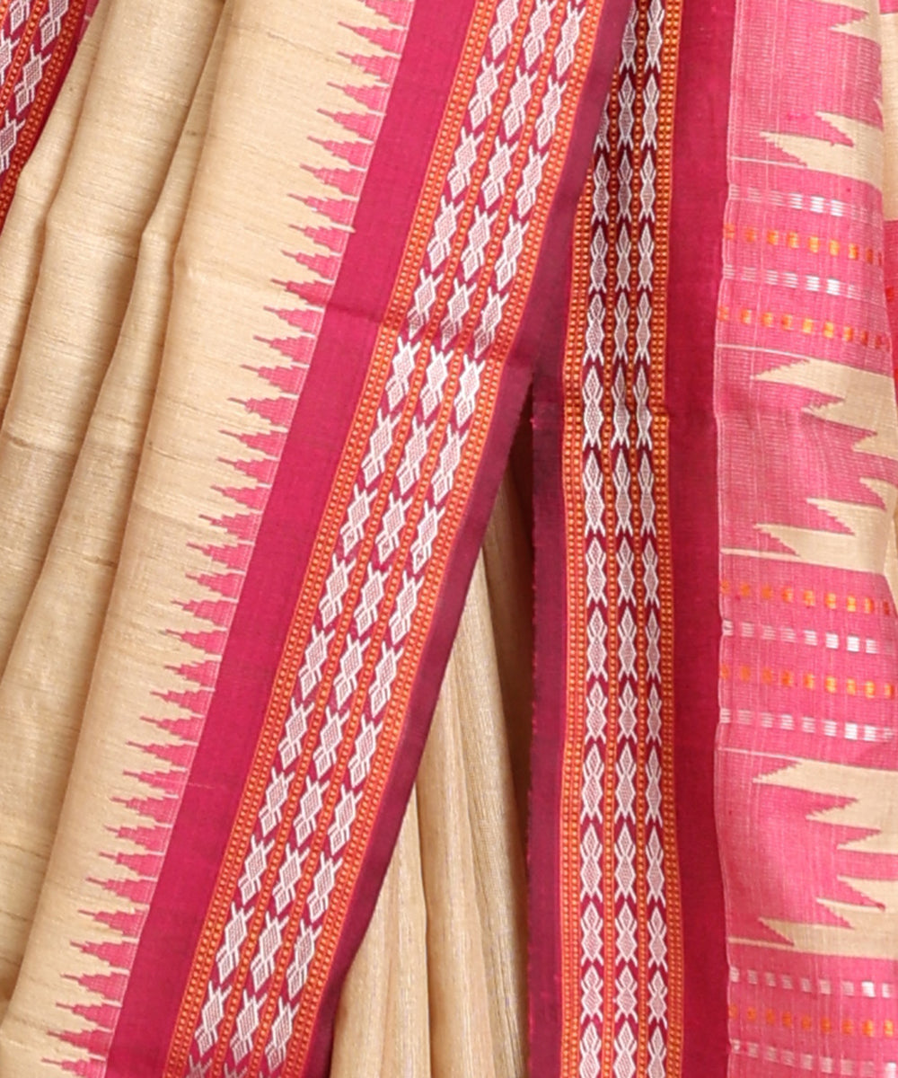 Beige_Handloom_Pure_Kosa_Silk_Saree_With_Pink_Temple_Border_WeaverStory_04