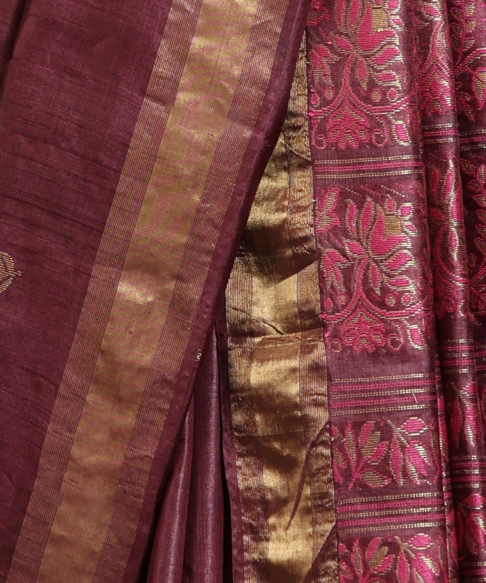 Handloom_Wine_Pure_Kosa_Silk_Saree_With_All_Over_Booti_And_Golden_Zari_Border_WeaverStory_04